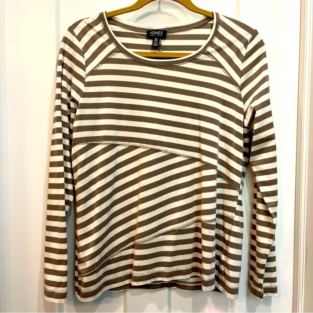 Jones New York Women's Tan &‎ White Stripe Long Sleeve Shirt Asymmetrical Size S